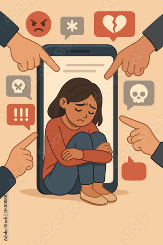 Cyberbullying online harassment social media abuse sad child sitting mobile phone screen accusations fingers pointing bullying victim mental health internet threats emotional stress concept