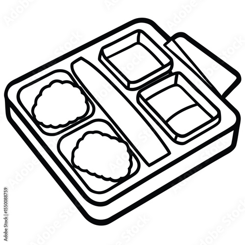 Top down view of a compartmentalized lunch tray with a spoon isolated on white background