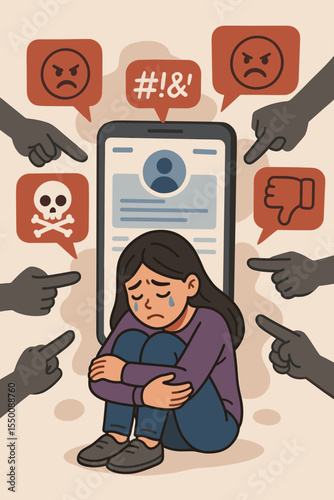 Cyberbullying online harassment on social media. Sad girl surrounded by pointing fingers, angry emoji, hate speech, negative comments, victim of bullying, digital abuse, mental health crisis, vector