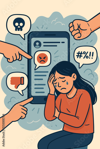 Cyberbullying and Online Harassment Victim on Social Media. Sad Girl Sitting, Surrounded by Angry Emojis, Thumbs Down, Fists, Negative Comments. Vector Illustration Concept of Internet Bullying