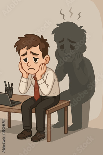 Stressed office worker depression cartoon. Sad businessman with anxious shadow. Workplace burnout, mental health, anxiety, stress, hopelessness concept. Overworked employee at desk illustration.