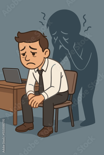 Stressed office worker depression anxiety cartoon. Sad businessman sitting at desk, overwhelmed, mental health crisis shadow, pressure burnout, stress at work, emotional exhaustion, workplace concept