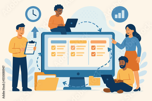 Team Project Management Collaboration, Efficient Task Distribution, Online Workflow Organization, Data Sharing, File Folder Exchange, Flat Vector Illustration of Office Teamwork and Productivity