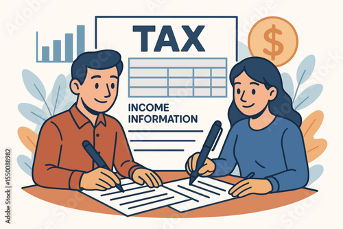 Business people filling tax documents, man and woman writing income information on forms, financial management, compliance, tax filing, accounting, paperwork, vector cartoon illustration