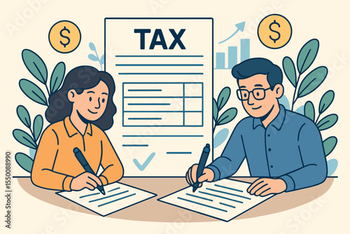 Employees Completing Tax Forms Together, Man and Woman Filing Income Tax Documents, Financial Management, Accounting, Compliance, Office Work, Budget Planning, Money, Vector Illustration