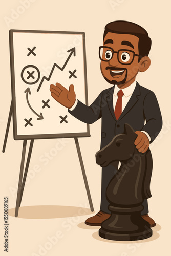 Business strategist presenting corporate tactics and growth strategy with chess knight and whiteboard diagram. Leadership, planning, decision-making concept. Vector cartoon illustration