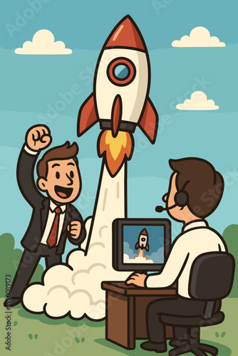 Startup Launch Success Business Concept. Cartoon Rocket Liftoff, Entrepreneur Celebrates New Venture, Employee Monitors Blastoff, Teamwork Innovation, Growth, Future, Technology Vector Illustration