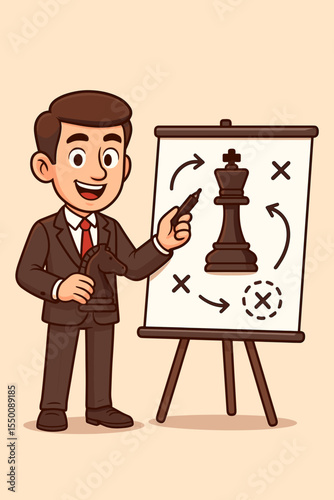 Cartoon businessman presenting business strategy and tactics with chess piece and whiteboard illustration. Leadership, planning, management, decision making, success concept. Vector art