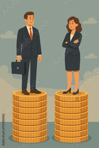 Gender pay gap concept, man and woman business professionals in suits standing on unequal coin stacks, wage inequality, fair pay, salary comparison, workplace equality, compensation disparity