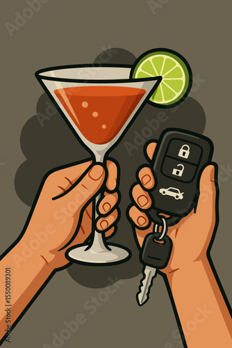 Drunk Driving Danger Concept. Hand Holding Cocktail Glass with Lime and Car Key Remote. Alcohol Impairment, Risky Driving Behavior, DUI Prevention, Road Safety Awareness Vector Illustration