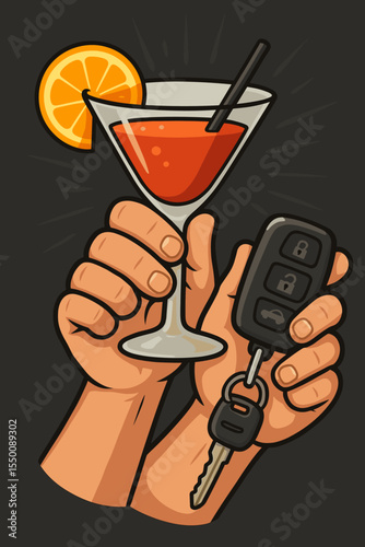 Drunk driving concept illustration. Hand holding cocktail glass and car keys. Alcohol and driving risks. Vector cartoon warning. Drink and drive prevention. Responsibility awareness design