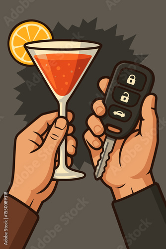 Drunk Driving Risk Concept. Hand Holding Cocktail Glass and Car Key. Alcohol Abuse, DUI, Safety Warning, Decision Making. Vector Illustration for Addiction, Responsible Driving, Prevention Campaigns