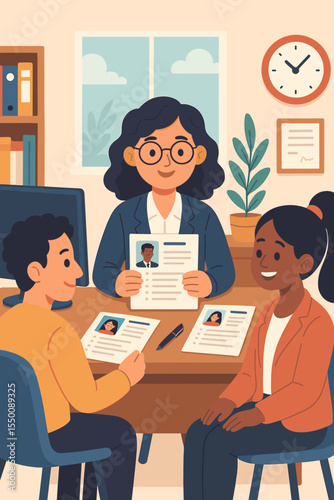 HR Manager Conducting Job Interviews, Reviewing Resumes with Applicants in Modern Office, Recruitment Process, Employee Selection, Human Resources Teamwork, Vector Cartoon Illustration