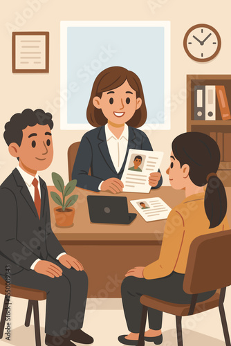 Human Resources Manager Interviewing Job Candidates Reviewing Resumes Office Recruitment Process Business Meeting Hiring Illustration Corporate Employment Recruitment Vector Concept