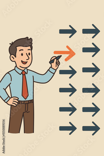 Businessman Drawing Opposite Direction Arrow, Concept Innovation, Think Differently, Leadership, Standing Out, Unique Ideas, Breaking Norms, Vector Cartoon Illustration, No Text
