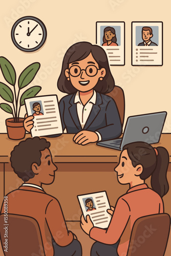 HR Manager Conducting Job Interviews and Reviewing Resumes in Modern Office, Recruitment Process, Candidate Selection, Human Resources Teamwork, Employment Hiring, Vector Cartoon Illustration