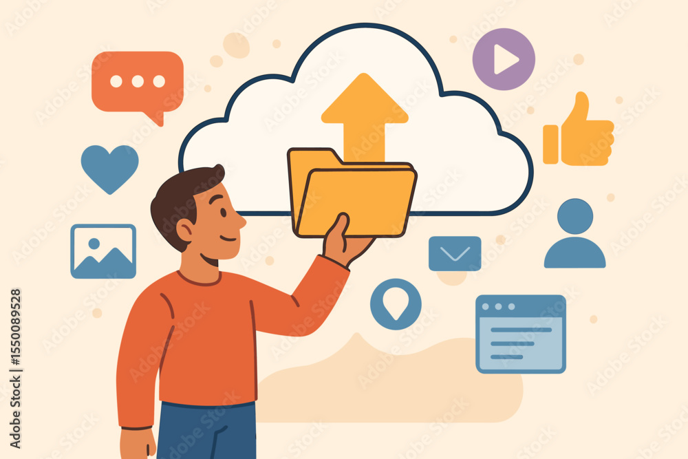 Man Uploading Folder to Cloud Storage Icon. Data Management and Sharing Concept. Social Media Communication, File Transfer, Online Backup, Cartoon Vector Illustration with Symbol Elements Man Uploading Folder to Cloud Storage Icon. Data Management and Sharing Concept. Social Media Communication, File Transfer, Online Backup, Cartoon Vector Illustration with Symbol Elements