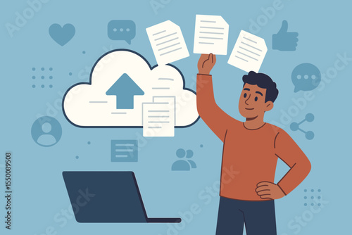 Cloud storage data upload concept. Young man transferring files from laptop to cloud server. Document management, file sharing, online backup, digital collaboration, cartoon vector illustration