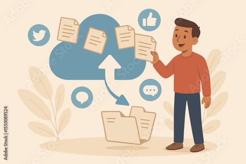 Male Character Uploading Documents to Cloud Storage, Data Management and Sharing, Social Media Communication, Digital File Transfer, Vector Illustration for Online Collaboration Concept