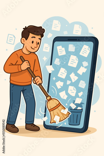Man Sweeping Files and Documents from Smartphone Screen, Digital Cleanup, Data Management, Storage Organization, Device Cleaning, Cybersecurity, Vector Cartoon Illustration, Technology Concept