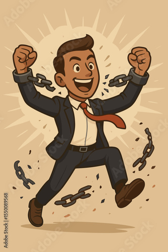 Successful businessman breaking chains, overcoming obstacles and barriers. Freedom, empowerment, motivation, leadership, business success, liberation, victory, achievement. Vector cartoon concept