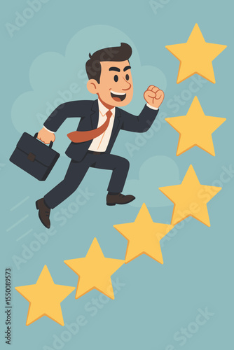 Ambitious businessman in suit running upward on golden stars, striving for professional success, career growth, leadership, motivation, achievement, business goals, vector illustration