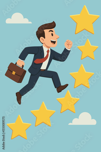 Ambitious businessman in suit jumping on golden stars, symbolizing career success, achievement, professional growth, ambition, leadership, job promotion, business challenge. Vector illustration.