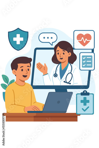 Telemedicine online health checkup consultation. Patient using digital platform for remote medical examination. Virtual healthcare, doctor appointment, health insurance. Vector illustration concept