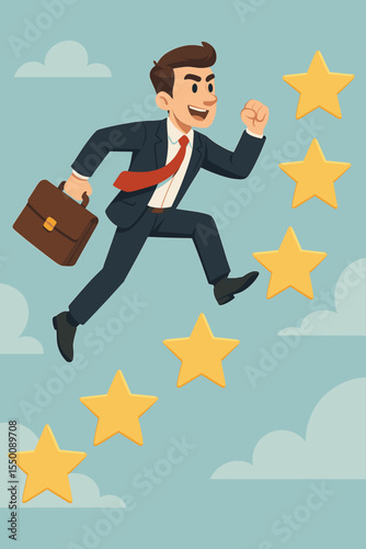 Ambitious businessman in suit running with briefcase, stepping on golden stars, striving for success, career growth, personal achievement, professional ambition, motivation, vector illustration