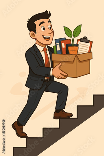 Businessman carrying office supplies box climbing stairs. New job career start. Office relocation. First workday onboarding. Success growth opportunity. Corporate advancement vector illustration