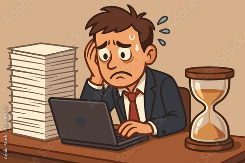 Stressed businessman under deadline pressure at office desk with laptop, large stack of paperwork, hourglass, sweating, anxiety, time management, overworked employee, burnout, vector cartoon