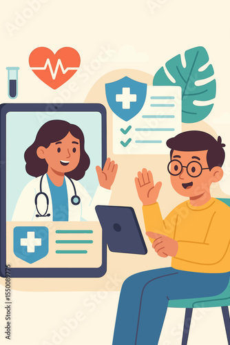 Telemedicine consultation patient digital health checkup online medical platform insurance service vector illustration. Remote healthcare appointment, doctor video call, digital medical record concept