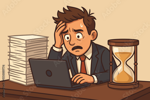 Stressed businessman under deadline pressure, overwhelmed office worker sweating at laptop with pile of documents and hourglass. Workplace anxiety, overwork, burnout, time management concept vector