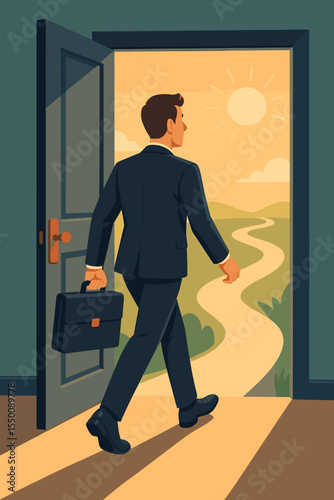 Businessman Opens Door to New Opportunities Path, Career Change, Success, Future Direction, Professional Achievement, Choices, Motivation, Vector Illustration, Leadership, Opportunity Concept