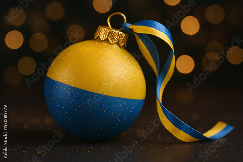 Christmas bauble in Ukrainian flag colors with golden glitter and matching ribbon on dark background. Festive, patriotic holiday decoration concept