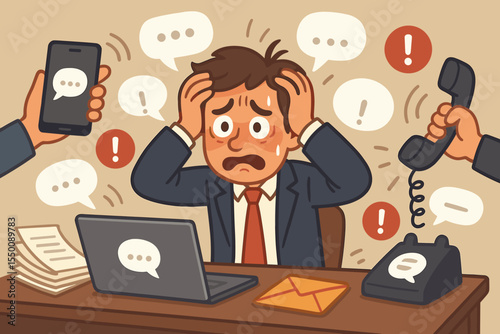 Stressed businessman overwhelmed by communication overload, urgent messages, digital notifications, device distractions, workplace anxiety, multitasking pressure, cartoon vector illustration