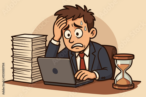 Stressed Overworked Businessman Facing Tight Deadline at Office Desk with Laptop, Huge Paperwork Stack, Hourglass Timer, Sweat, Anxiety, Cartoon Vector Illustration, Workplace Pressure Concept