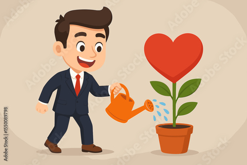 Motivated businessman nurturing heart-shaped plant in flowerpot, symbolizing passion, love for work, personal growth, motivation, and business success. Cartoon vector concept illustration