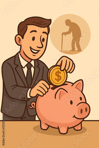 Businessman Saving for Retirement Concept. Cartoon Vector Illustration of Man Putting Money in Piggy Bank. Financial Planning, Future Investment, Pension Fund, Wealth Management, Economic Security