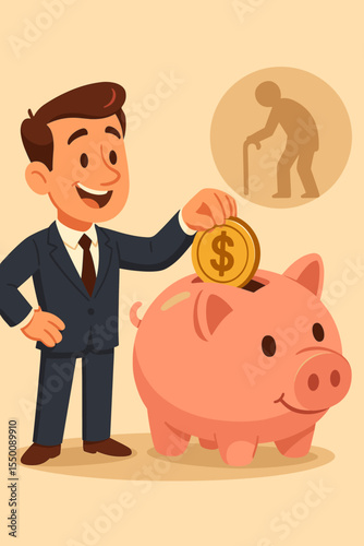 Businessman Saving Money in Piggy Bank for Retirement, Financial Planning, Investment, Pension Fund, Secure Future, Savings, Wealth Management, Cartoon Vector Illustration, No Text