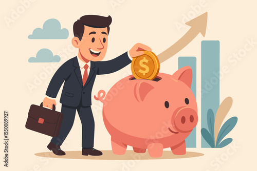 Businessman Depositing Coin in Piggy Bank, Financial Savings and Investment Growth Concept, Retirement Planning, Money Management, Wealth Accumulation, Economic Security, Vector Cartoon Illustration