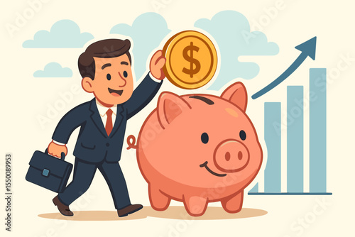 Businessman Depositing Coin into Piggy Bank, Financial Growth and Savings Plan, Investment Strategy, Retirement Fund, Money Management, Future Security, Vector Cartoon Illustration