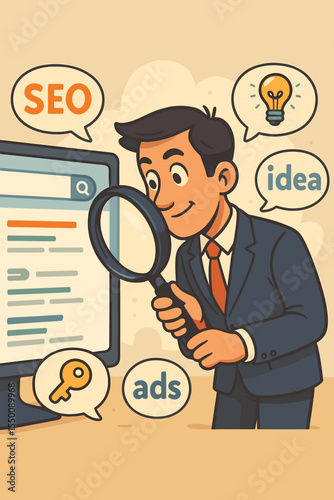 Businessman Analyzing SEO Search Engine Results, Keywords, Advertising Ideas, Digital Marketing Strategy, Online Data Analysis, Keyword Research, Vector Cartoon Illustration, Magnifying Glass