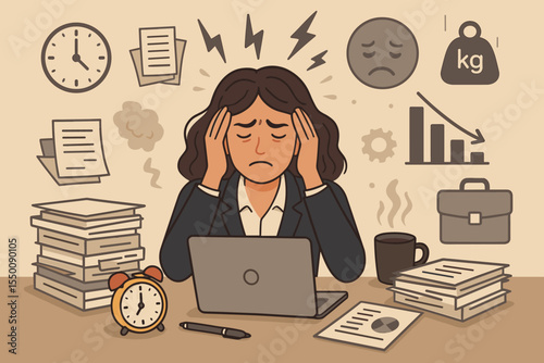 Overwhelmed businesswoman stressed at work desk, surrounded by paperwork, deadline clocks, emotional burnout symbols, declining graph, anxiety, fatigue, pressure, cartoon vector illustration