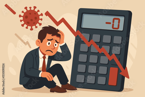 Worried businessman sitting beside calculator with negative numbers, virus symbol, and downward arrow. Economic recession, financial crisis, bankruptcy, COVID-19 pandemic loss vector illustration