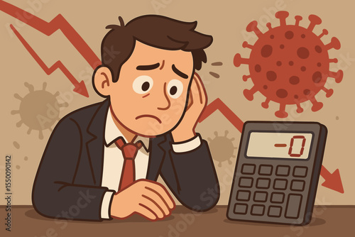 Businessman Financial Crisis Pandemic Vector. Downward Graph, Virus Symbol, Negative Calculator. Economic Recession, Covid-19 Impact, Money Loss, Stress, Bankruptcy, Cartoon Illustration