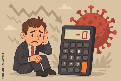 Sad businessman financial loss cartoon. Economic crisis, covid-19 recession, bankruptcy, virus impact, negative numbers, stress, debts, business decline, calculator, economy downturn illustration