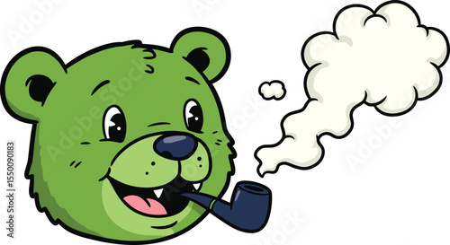 Happy Green Bear Head Cartoon Character Smoking a Pipe, Exhaling White Smoke, Ideal for Fun and Whimsical Designs.