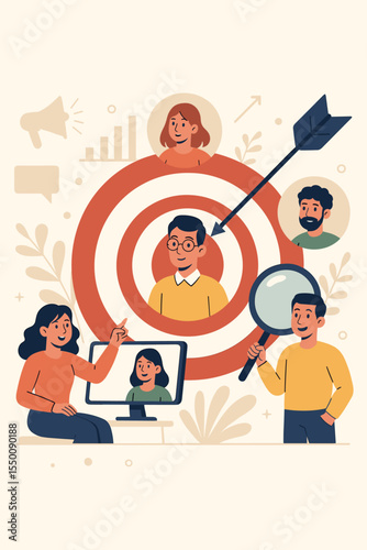 Targeted customer segmentation analysis for marketing campaigns. Business audience targeting, data analytics, teamwork research, advertising strategy concept. Vector illustration
