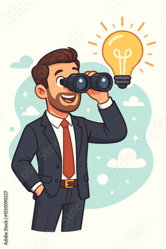 Visionary businessman in suit with binoculars and glowing lightbulb, symbolizing creative ideas, innovation, future planning, breakthrough thinking, leadership, success. Vector cartoon illustration